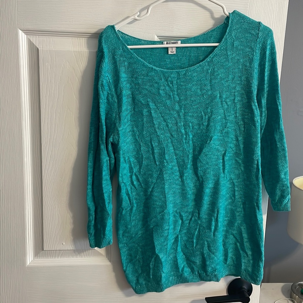 Teal sweater with 3/4 length sleeves